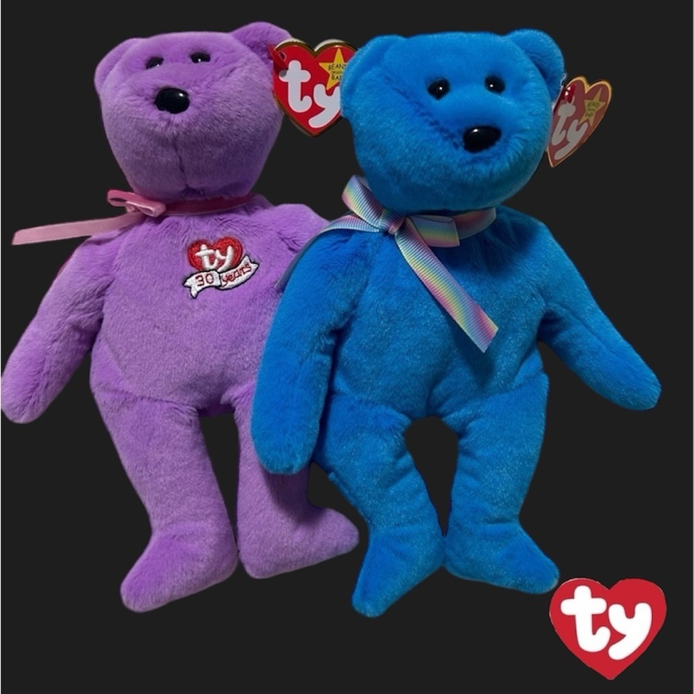 TY Beanie Babies The Teddy ll Blue Bear + The Celebrate ll Purple Bear